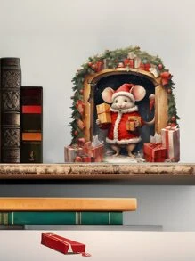 2 pièces Sticker mural de Noël souris avec cadeaux, autocollant mural PVC imperméable, autocollants adhésifs pour décoration de maison pour salon, chambre à coucher, salle de classe, salle de bain, décoration de vacances saisonnière