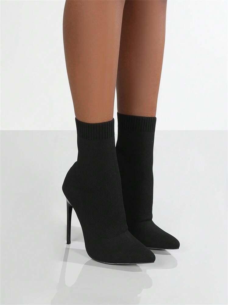Nuevas botas cortas de tacón alto delgado para otoño/invierno al estilo europeo y americano. Botas de calcetín de tacón alto con puntera puntiaguda, de malla elástica de punto, de moda y sexy para mujeres. Combina con pantalones de chándal, atuendos de fiesta y tacones de aguja. - Negro - Añade 2
