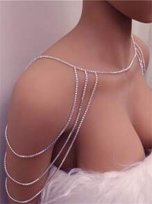 1 pieza Cadena de hombro con decoración de strass de lujo, accesorio de vestido de novia, joyería de moda para mujer - Plateado - Ver 1