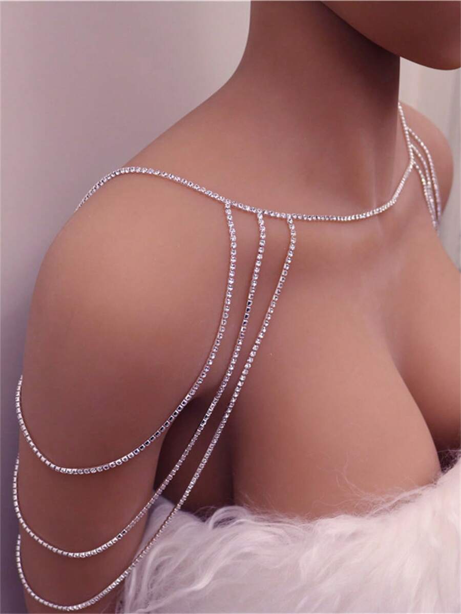 1 pieza Cadena de hombro con decoración de strass de lujo, accesorio de vestido de novia, joyería de moda para mujer - Plateado - Ver 1