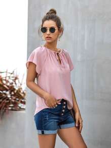 Women's Short Sleeve Tie Neck Blouse With Keyhole Front Detail