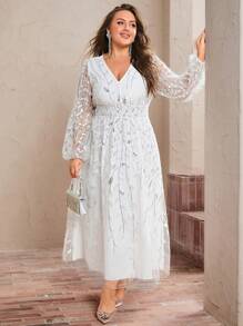 Simplee Plus Size V-Neck Lantern Sleeve Embroidered Mesh Overlay Dress