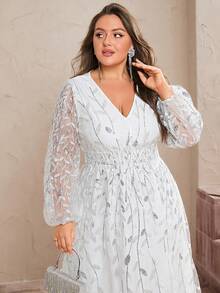 Simplee Plus Size V-Neck Lantern Sleeve Embroidered Mesh Overlay Dress