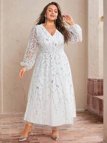 Simplee Plus Size V-Neck Lantern Sleeve Embroidered Mesh Overlay Dress