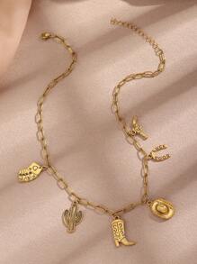 1pc Western Style Cowboy Boot, Gun, Cactus Pendant Necklace, Casual Cowboy Hat And Playing Cards - A Thoughtful Jewelry Gift For Tourists - Gold - View 2