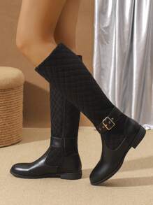 2024 Nuevos Botas altas de mujer cómodas y antideslizantes para otoño/invierno, con decoración de botones metálicos bordados, botas negras casuales a juego con cremallera lateral hasta la pantorrilla, estilo occidental con punta redonda y suela gruesa