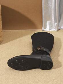2024 Nuevos Botas altas de mujer cómodas y antideslizantes para otoño/invierno, con decoración de botones metálicos bordados, botas negras casuales a juego con cremallera lateral hasta la pantorrilla, estilo occidental con punta redonda y suela gruesa