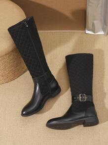 2024 Nuevos Botas altas de mujer cómodas y antideslizantes para otoño/invierno, con decoración de botones metálicos bordados, botas negras casuales a juego con cremallera lateral hasta la pantorrilla, estilo occidental con punta redonda y suela gruesa