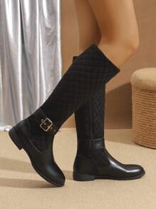 2024 Nuevos Botas altas de mujer cómodas y antideslizantes para otoño/invierno, con decoración de botones metálicos bordados, botas negras casuales a juego con cremallera lateral hasta la pantorrilla, estilo occidental con punta redonda y suela gruesa