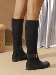 2024 Nuevos Botas altas de mujer cómodas y antideslizantes para otoño/invierno, con decoración de botones metálicos bordados, botas negras casuales a juego con cremallera lateral hasta la pantorrilla, estilo occidental con punta redonda y suela gruesa