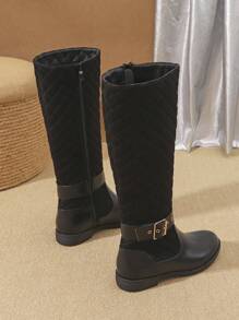 2024 Nuevos Botas altas de mujer cómodas y antideslizantes para otoño/invierno, con decoración de botones metálicos bordados, botas negras casuales a juego con cremallera lateral hasta la pantorrilla, estilo occidental con punta redonda y suela gruesa