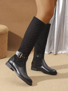 2024 Nuevos Botas altas de mujer cómodas y antideslizantes para otoño/invierno, con decoración de botones metálicos bordados, botas negras casuales a juego con cremallera lateral hasta la pantorrilla, estilo occidental con punta redonda y suela gruesa