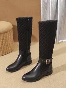 2024 Nuevos Botas altas de mujer cómodas y antideslizantes para otoño/invierno, con decoración de botones metálicos bordados, botas negras casuales a juego con cremallera lateral hasta la pantorrilla, estilo occidental con punta redonda y suela gruesa