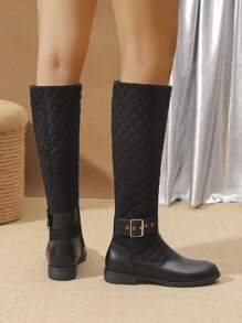 2024 Nuevos Botas altas de mujer cómodas y antideslizantes para otoño/invierno, con decoración de botones metálicos bordados, botas negras casuales a juego con cremallera lateral hasta la pantorrilla, estilo occidental con punta redonda y suela gruesa