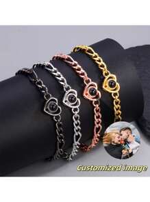 Customized Heart-Shaped Photo Projection Stainless Steel Bracelet, Couples' Accessory, As Christmas, Valentine's Day Or Anniversary Gift For Couples And Family
