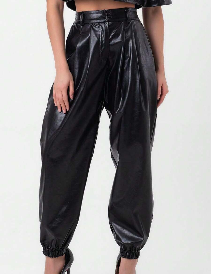 Black Pleated Pu Leather Pants In Labrava - 黑色 - 查看 1