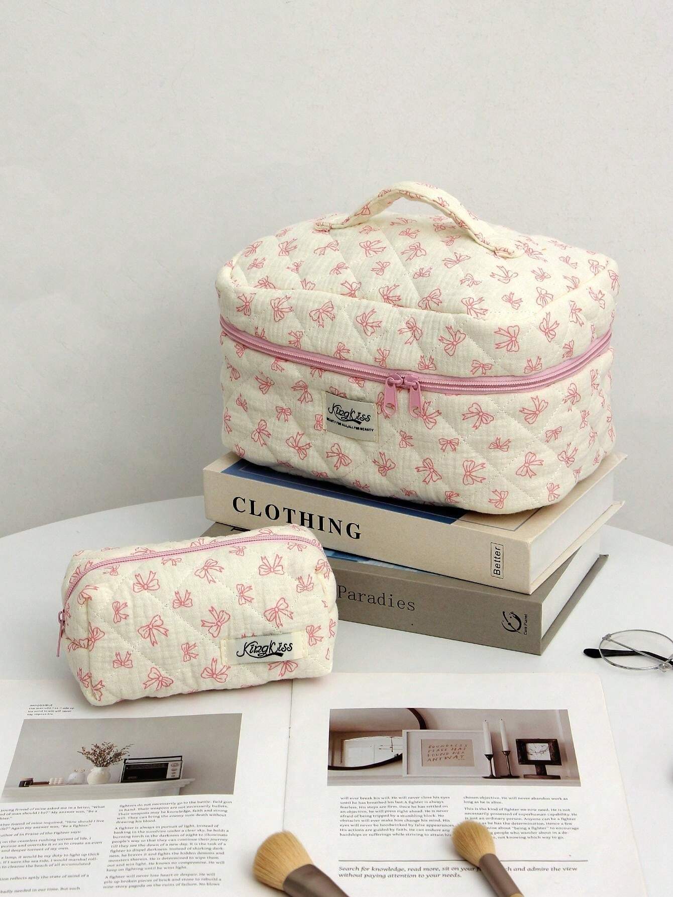 1 Piece Cute Bow Knot Pattern Make Up Organizer With Pink Zipper Travel