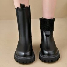Thick Insulated Women's Boots, Autumn/Spring New Thick Bottom Chelsea Mid-Calf Black Shaft Boots For Women