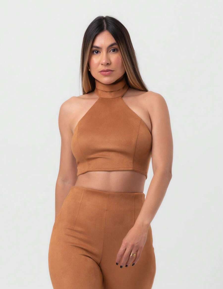 Brown Labrava Bias Collar Cropped Suede Blouse - 鏽棕色 - 查看 1