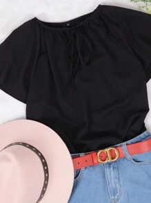 Women's Short Sleeve Tie Neck Blouse With Keyhole Front Detail - 黑色 - 查看 3