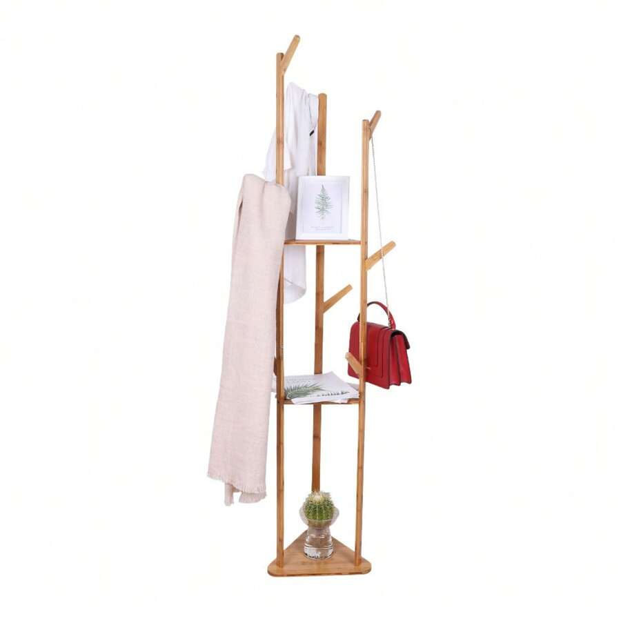 Coat Stand Coat Rack 166cm Bamboo Coat Rack With 3 Tier Storage Shelf And 10 Hooks Freestanding Clothes Rack Coat Hat Bag Rack For Entryway Hallway Office Hotel Natural Wood - 杏色 - 查看 1