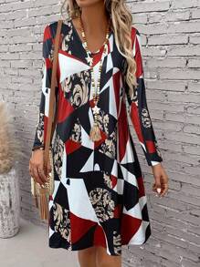 Vestidos de manga larga impresos de estilo informal para mujeres, vestidos cortos con escote de mujer con volantes de moda, atuendos de primavera para mujeres, vestidos de ocio para mujeres en verano