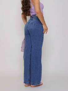 Women's Wide Leg Jeans, Dark, Ripped, High Waist. - Rửa tối - Xem 2