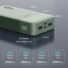 Cargador portátil Juovi Power Bank, 20000mAh 45W PD3.0 QC 4.0 Batería de carga rápida con pantalla LED, 2 USB-C, 2 USB-A para iPhone 15, carga rápida verde, pantalla de energía LED, cargador portátil para dispositivos Android e iPhone con puertos USB y Tipo-C, batería de polímero de litio segura y estable adecuada para juegos al aire libre, compras, viajes, fuente de alimentación portátil para iPhone de Apple, iPad, teléfonos Android, regalos para familiares, amigos, cumpleaños, Navidad, invierno