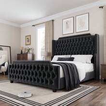 Queen/King Size Bed Frame With Tall Headboard, Platform Bed With Deep Button Tufted Footboard, Velvet Upholstered Bed Frame, Nailhead Trim, Handmade Pleats, No Box Spring Needed - 黑色 - 查看 2