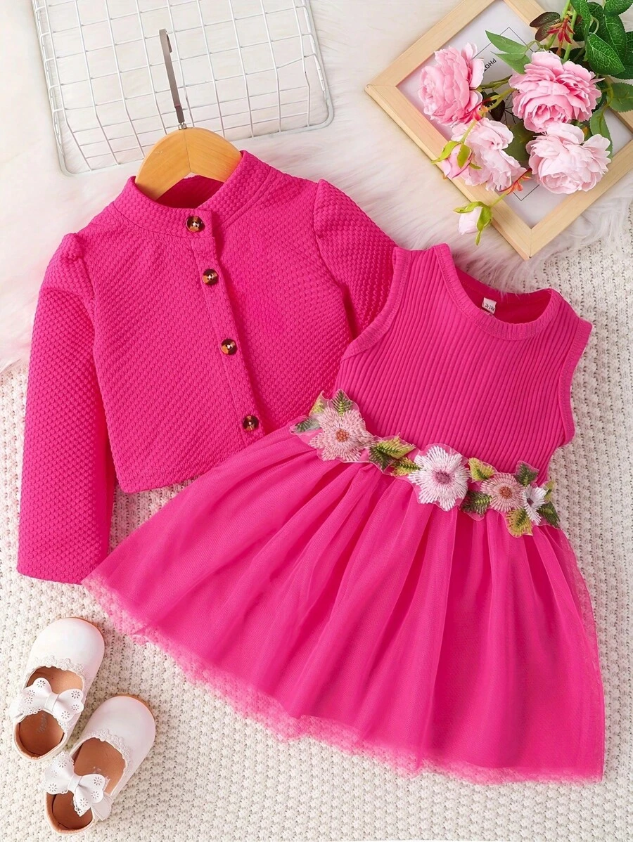 Baby Girl Solid Color Button Front Long Sleeve Jacket And Sleeveless Mesh Floral Applique Dress 2pcs Set - Hot Pink - View 1