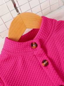 Baby Girl Solid Color Button Front Long Sleeve Jacket And Sleeveless Mesh Floral Applique Dress 2pcs Set - Hot Pink - View 3