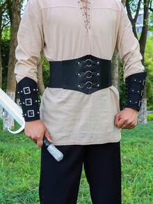 3pcs Men Costume Props Woven Rope Leather Wrist Cuffs And Waist Belt Halloween - Black - View 2