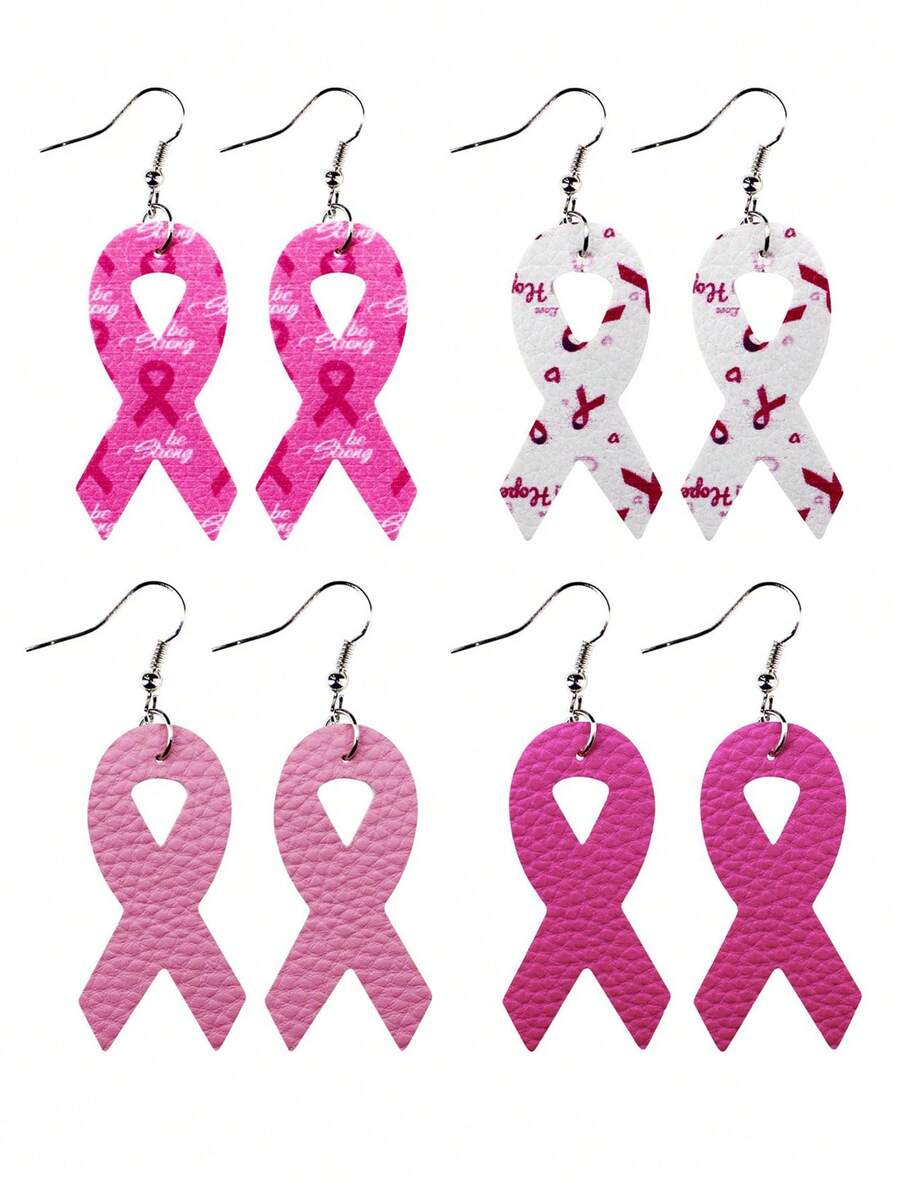 1pair/4pairs Breast Cancer Awareness Pink Ribbon PU Leather Earrings, Charity Event Donation Gift