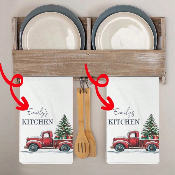 2 Stücke Set personalisierte Küchentücher zu Weihnachten, Küchentücher mit Weihnachtsbaum und rotem Lastwagen - Weihnachtsgeschenk