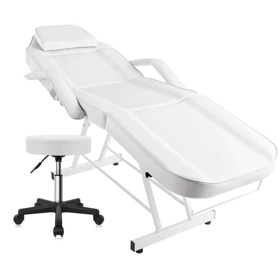 Bàn massage spa 3 phần với ghế thủy lực, ghế xăm điều chỉnh được 73 inch, giường nối mi thẩm mỹ có tựa đầu tháo rời, ghế salon, giường chăm sóc da mặt cho thợ làm tóc, thiết bị massage, giường nối mi, giường massage, thiết bị salon, giường làm đẹp, nội thất salon, bàn nối mi - trắng - Xem 1