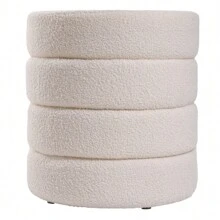 LIVINGANDHOME Living And Home Plush Round Channel Ottoman In Luxurious Teddy Bear Fur - Soft 43cm Footrest And Seat With 120kg Capacity - Available In Elegant White Or Grey - White - View 8