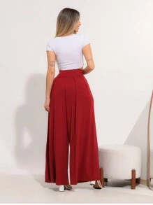 Wide-Leg Loose-Fitting Palazzo Pants In Viscose Fabric, Wide Waistband, High Waist, Pleats - Maroon - View 2