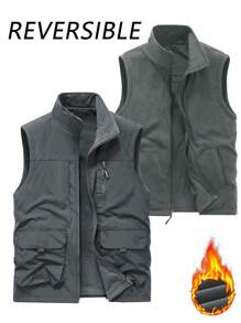 1 件男女通用纯色无袖多口袋双面背心，带衬里，日常休闲，户外，摄影，钓鱼，跑步活动，运动夹克 - 灰色 - 查看 11