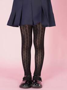 1 件儿童女童舒适透气竖条纹心形网眼提花连裤袜，适合公主时尚、舞蹈和日常穿着 - 黑色 - 查看 2