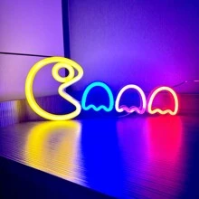 1 个 Pacman 霓虹灯，约 35x14.5 厘米（13.7x5.7 英寸），USB/电池供电，两用，男士游戏室、墙壁和桌面装饰灯，适用于卧室、宿舍、庭院、酒吧、婚礼、情人节、万圣节、圣诞节