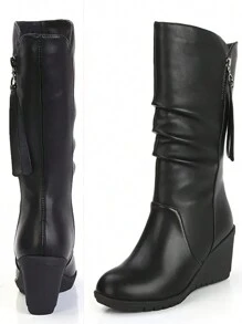 Botas de media pantorrilla para mujeres, botas negras de tacón alto, estilo británico, adelgazante, nueva puntera redonda, cremallera lateral, cuña plana, botas largas
