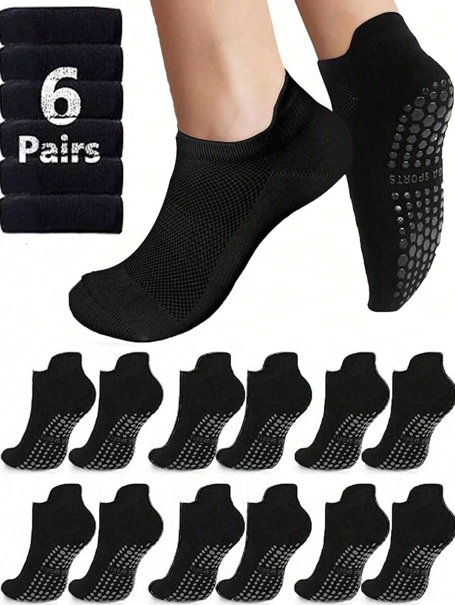 6 Pairs Women Professional Non-Slip Yoga Socks For Pilates Fitness Dance, 3 Colors, Gym, Fall - Black - View 1