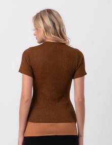 Blusa tricot canelado marrom labrava - Marrom - Visão 2