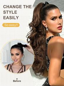 30-32英寸长波浪卷合成发马尾接发，爪夹式，浅棕色，耐热纤维，适合日常佩戴 - 黑棕色 - 查看 4