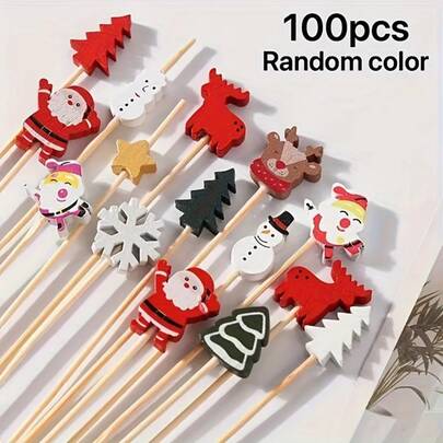 100pcs/Pack Themed Bamboo Picks -Santa, Reindeer Snowman, Suitable For Cakes, Desserts, Fruits Best Gifts Birthday Home Decor Christmas Decorations Room Decor Christmas Winter