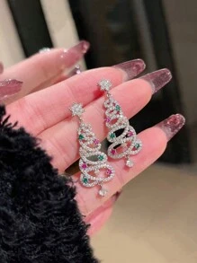 1 Paar bunte, quastenartige Weihnachtsbaum Ohrringe für Damen, Cut Out, lange Ohrringe mit Strass, Weihnachten Schmuckzubehör - Silber - Übersicht 5