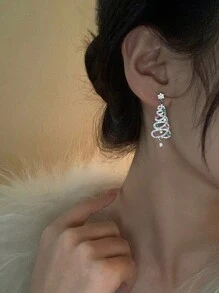 1 Paar bunte, quastenartige Weihnachtsbaum Ohrringe für Damen, Cut Out, lange Ohrringe mit Strass, Weihnachten Schmuckzubehör - Silber - Übersicht 6