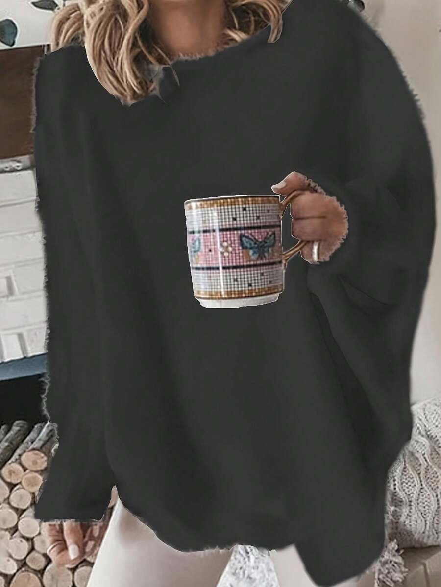 加大码纯色蝙蝠袖宽松针织套头衫，适合冬季 - 黑色 - 查看 1