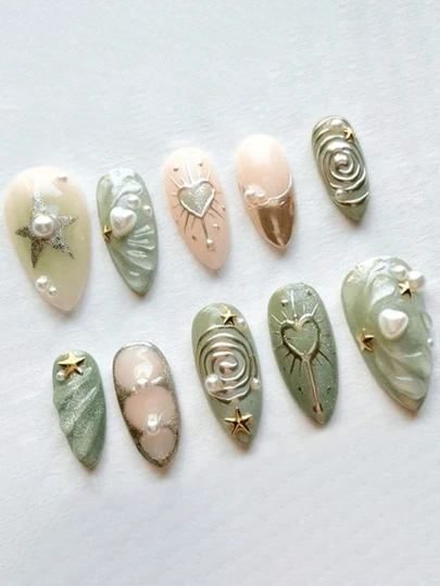 10Pcs/Set Handmade Vintage Copper Coin Decorated Olive Green & Powder Pink Acrylic Nails, 3D Hearts, Stars & Gold Line Design, With Gel Polish And Nail Tips, Suitable For Daily, Outdoor, Holiday Wear Press On Nails Nail Supplies Nails Handmade Press On Nails