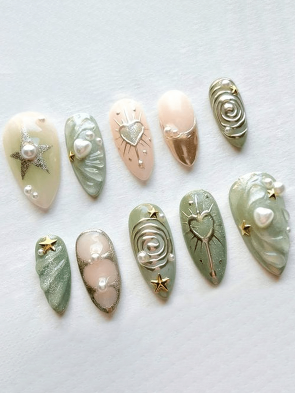 10 Peças/Conjunto de Unhas Acrílicas Feitas à Mão Decoradas com Moedas de Cobre Vintage em Verde Oliva e Rosa em Pó, Design com Corações 3D, Estrelas e Linhas Douradas, com Esmalte em Gel e Pontas de Unhas, Adequado para Uso Diário, Outdoor, Férias, Unhas Postiças e Suprimentos de Unhas
